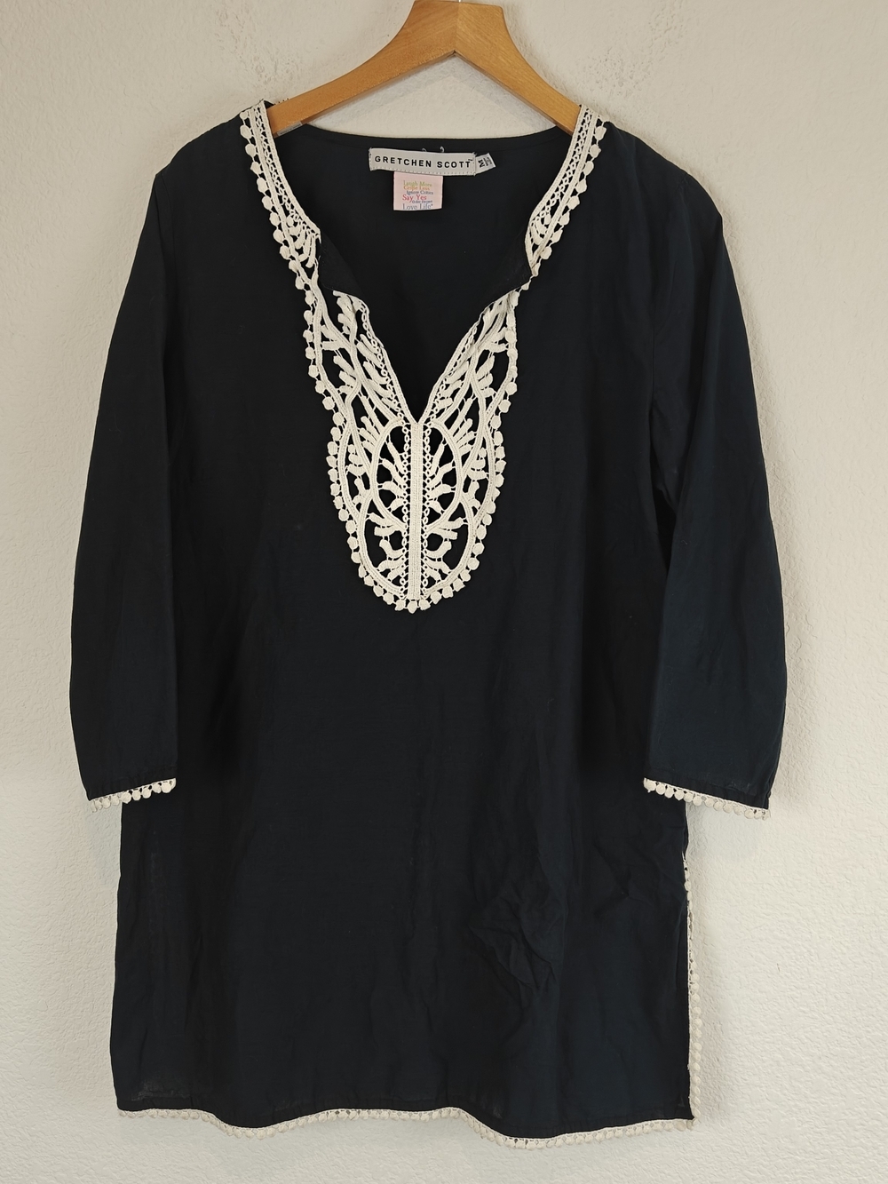 Gretchen Scott Navy Embroidered Tunic M Coastal Chic Cotton Boho Resort Blouse